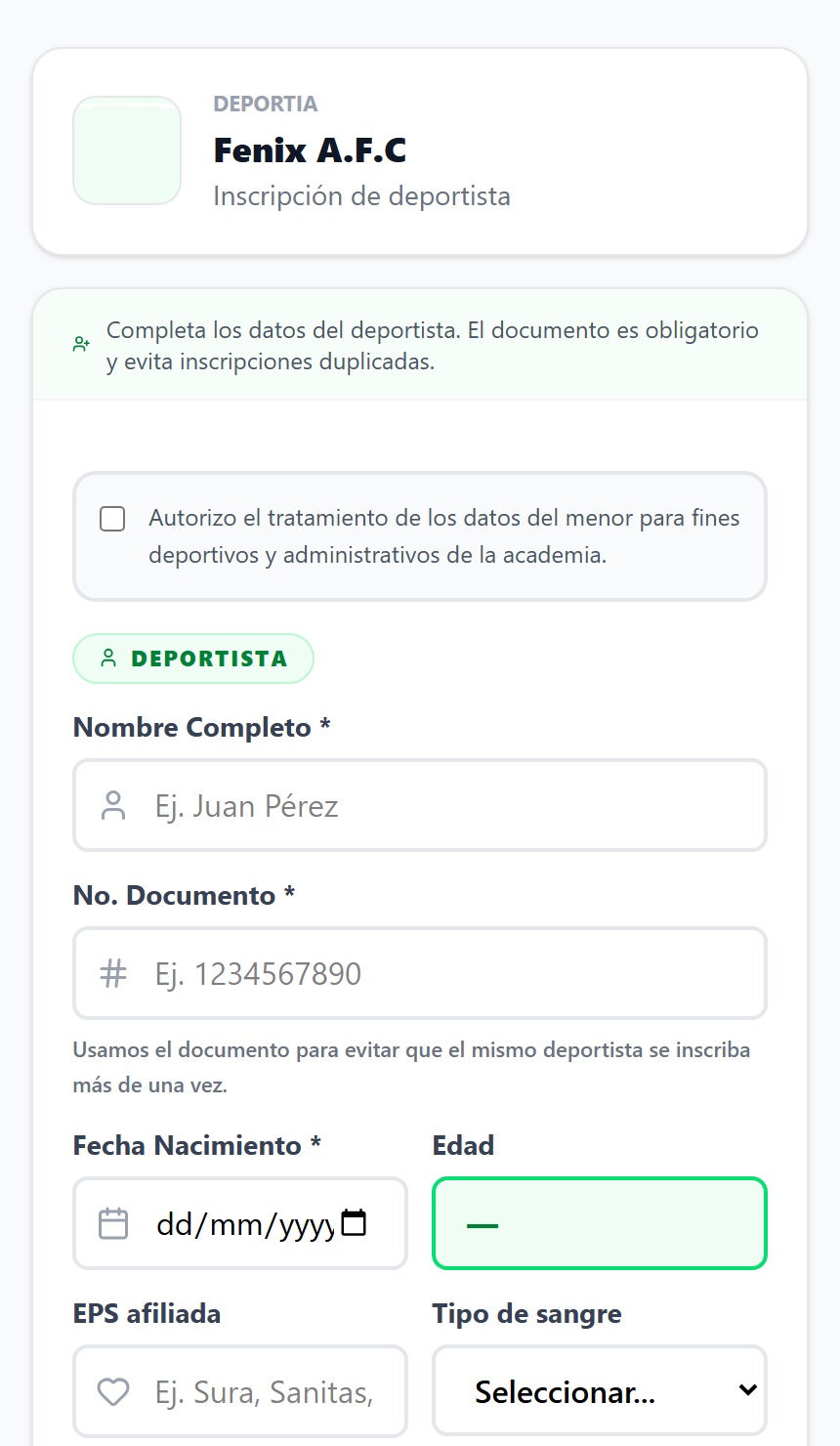 Datos del deportista en el formulario público