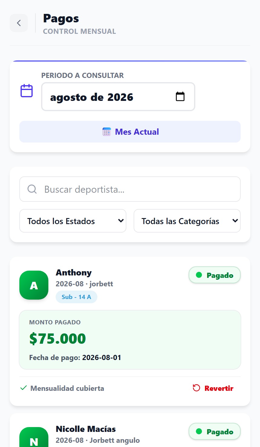 Lista de pagos mensuales en DEPORTIA