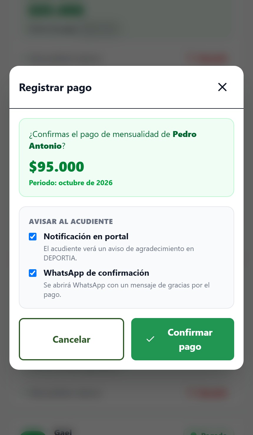 Registrar pago con aviso en portal y WhatsApp al acudiente